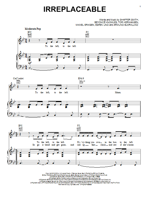 Beyoncé Irreplaceable Sheet Music Notes & Chords for Piano, Vocal & Guitar - Download or Print PDF