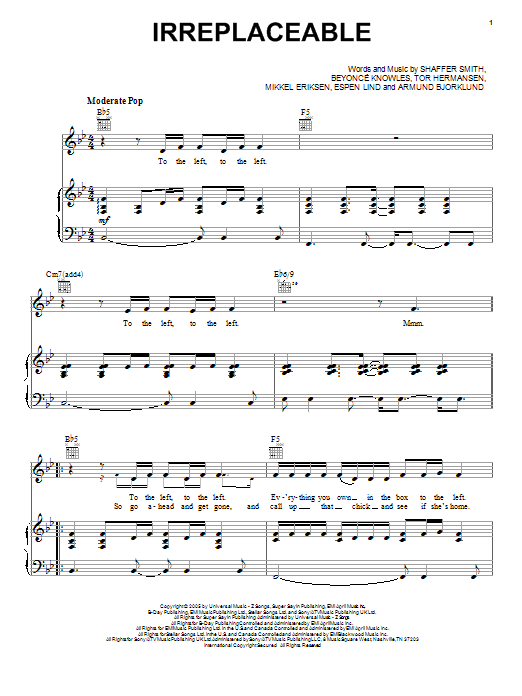 Beyonce Irreplaceable Sheet Music Notes & Chords for Piano, Vocal & Guitar (Right-Hand Melody) - Download or Print PDF