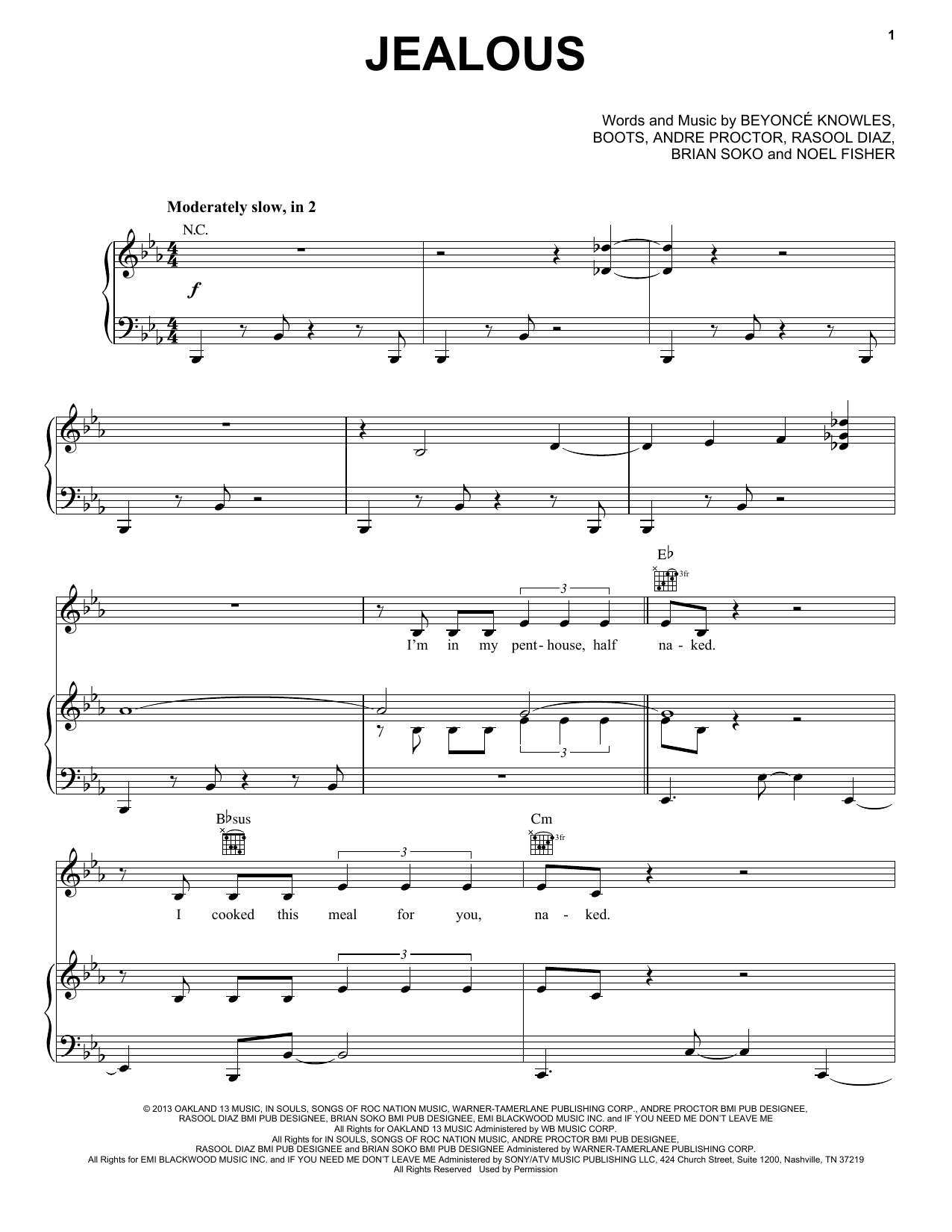 Beyoncé Jealous Sheet Music Notes & Chords for Piano, Vocal & Guitar (Right-Hand Melody) - Download or Print PDF