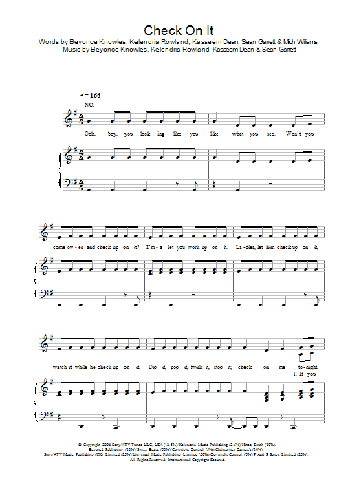 Beyoncé Check On It Sheet Music Notes & Chords for Piano, Vocal & Guitar (Right-Hand Melody) - Download or Print PDF