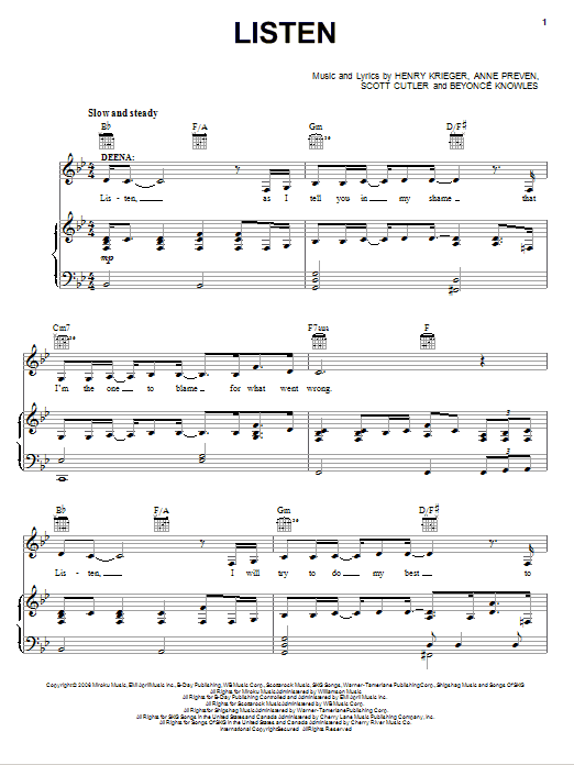 Beyonce Listen (Broadway Revival Version) Sheet Music Notes & Chords for Piano, Vocal & Guitar (Right-Hand Melody) - Download or Print PDF Beyonce Listen (Broadway Revival Version) Sheet Music Notes & Chords for Piano, Vocal & Guitar (Right-Hand Melody) - Download or Print PDF
