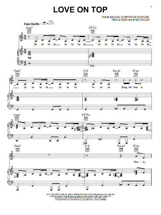 Beyoncé Love On Top Sheet Music Notes & Chords for Piano, Vocal & Guitar (Right-Hand Melody) - Download or Print PDF