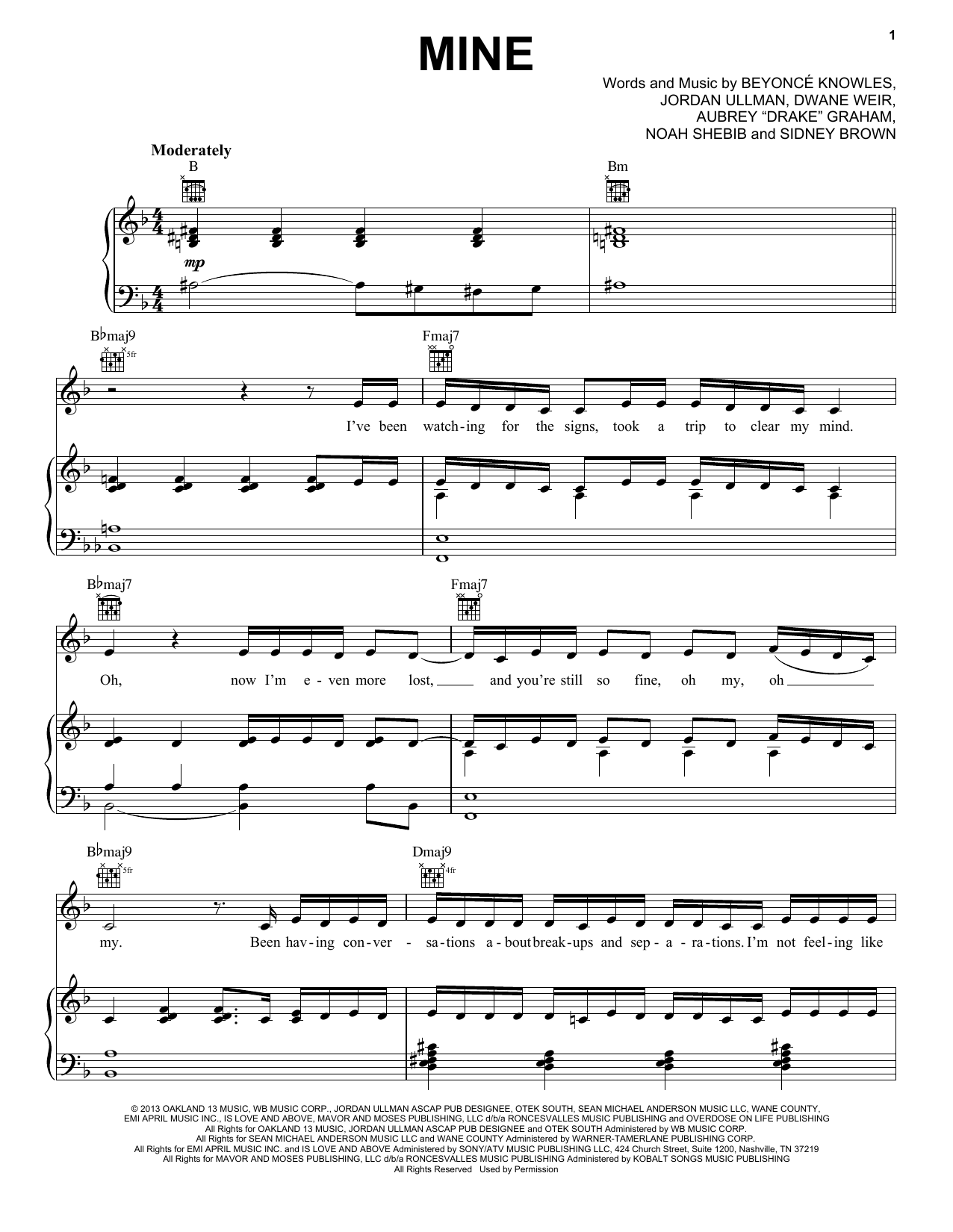 Beyoncé Mine Sheet Music Notes & Chords for Piano, Vocal & Guitar (Right-Hand Melody) - Download or Print PDF