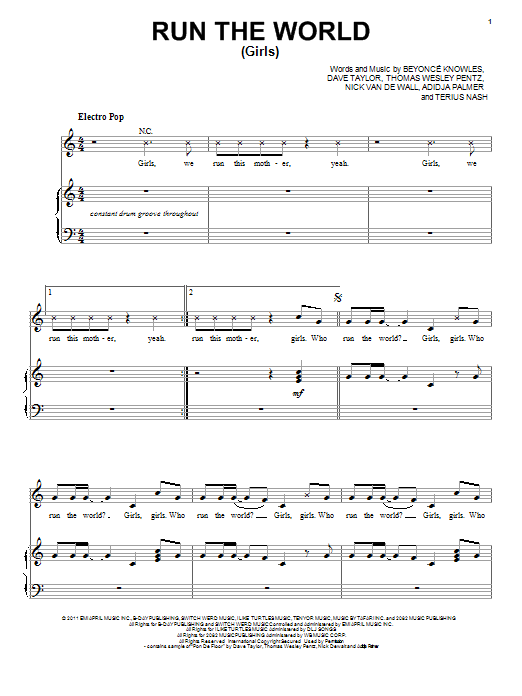 Beyoncé Run The World (Girls) Sheet Music Notes & Chords for Piano, Vocal & Guitar (Right-Hand Melody) - Download or Print PDF