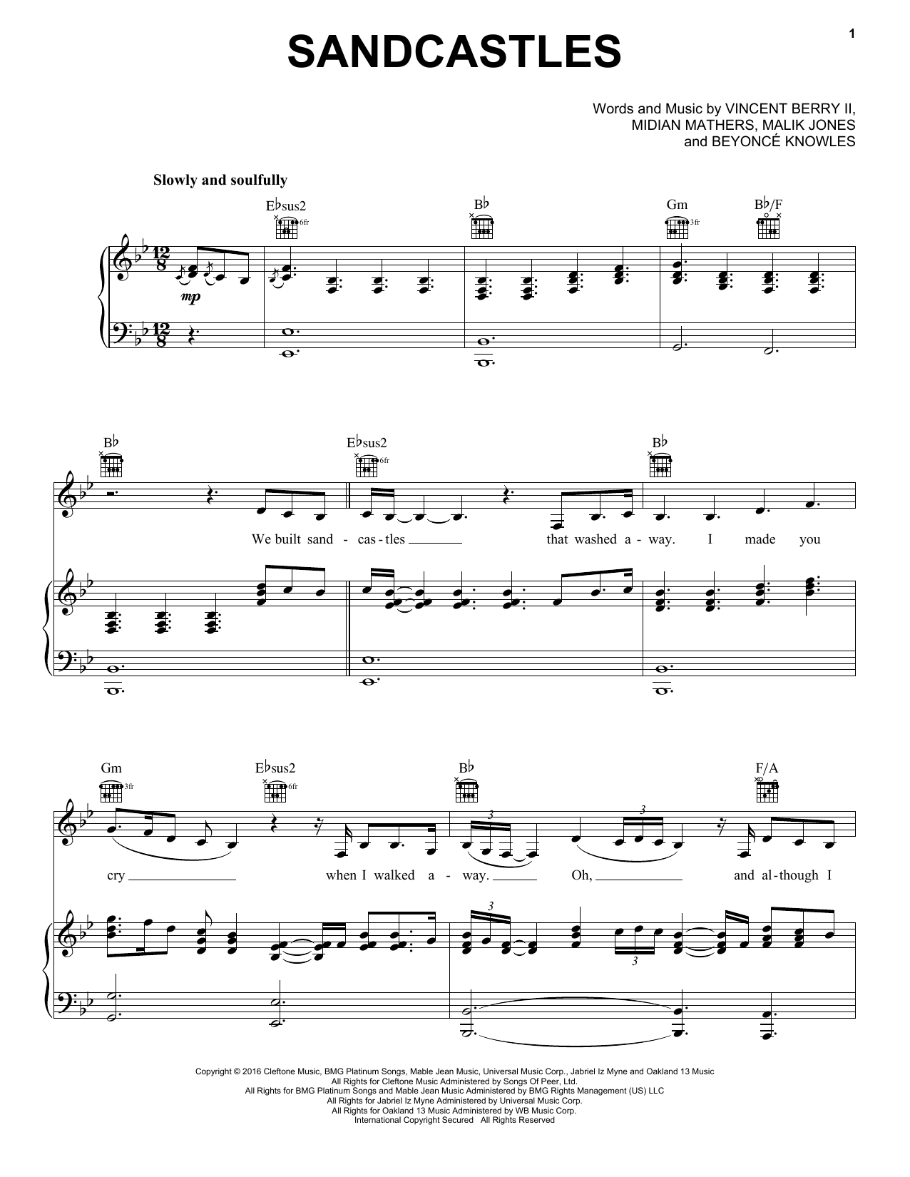 Beyoncé Sandcastles Sheet Music Notes & Chords for Piano, Vocal & Guitar (Right-Hand Melody) - Download or Print PDF