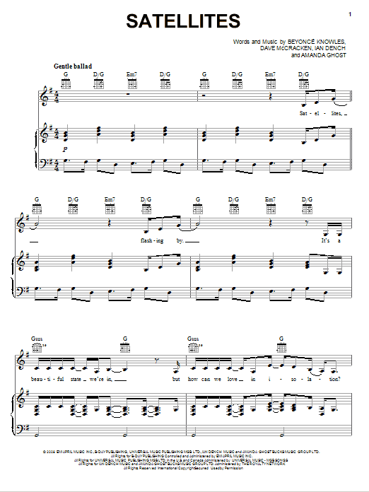 Beyonce Satellites Sheet Music Notes & Chords for Piano, Vocal & Guitar (Right-Hand Melody) - Download or Print PDF