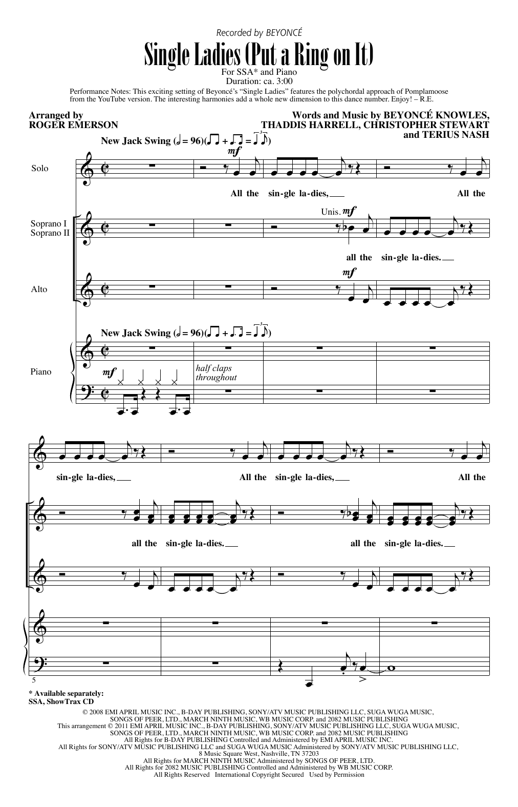 Beyoncé Single Ladies (Put A Ring On It) (arr. Roger Emerson) Sheet Music Notes & Chords for SSA Choir - Download or Print PDF
