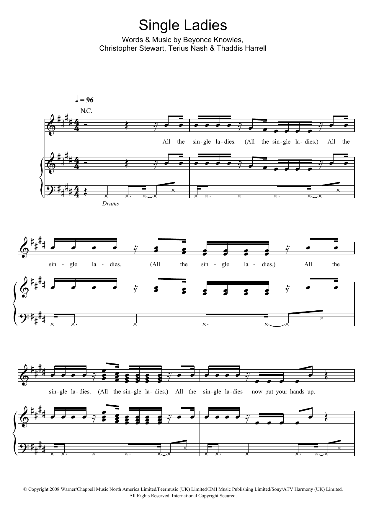 Beyoncé Single Ladies Sheet Music Notes & Chords for Piano, Vocal & Guitar (Right-Hand Melody) - Download or Print PDF