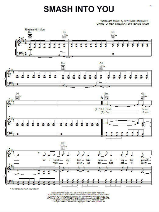 Beyonce Smash Into You Sheet Music Notes & Chords for Piano, Vocal & Guitar (Right-Hand Melody) - Download or Print PDF