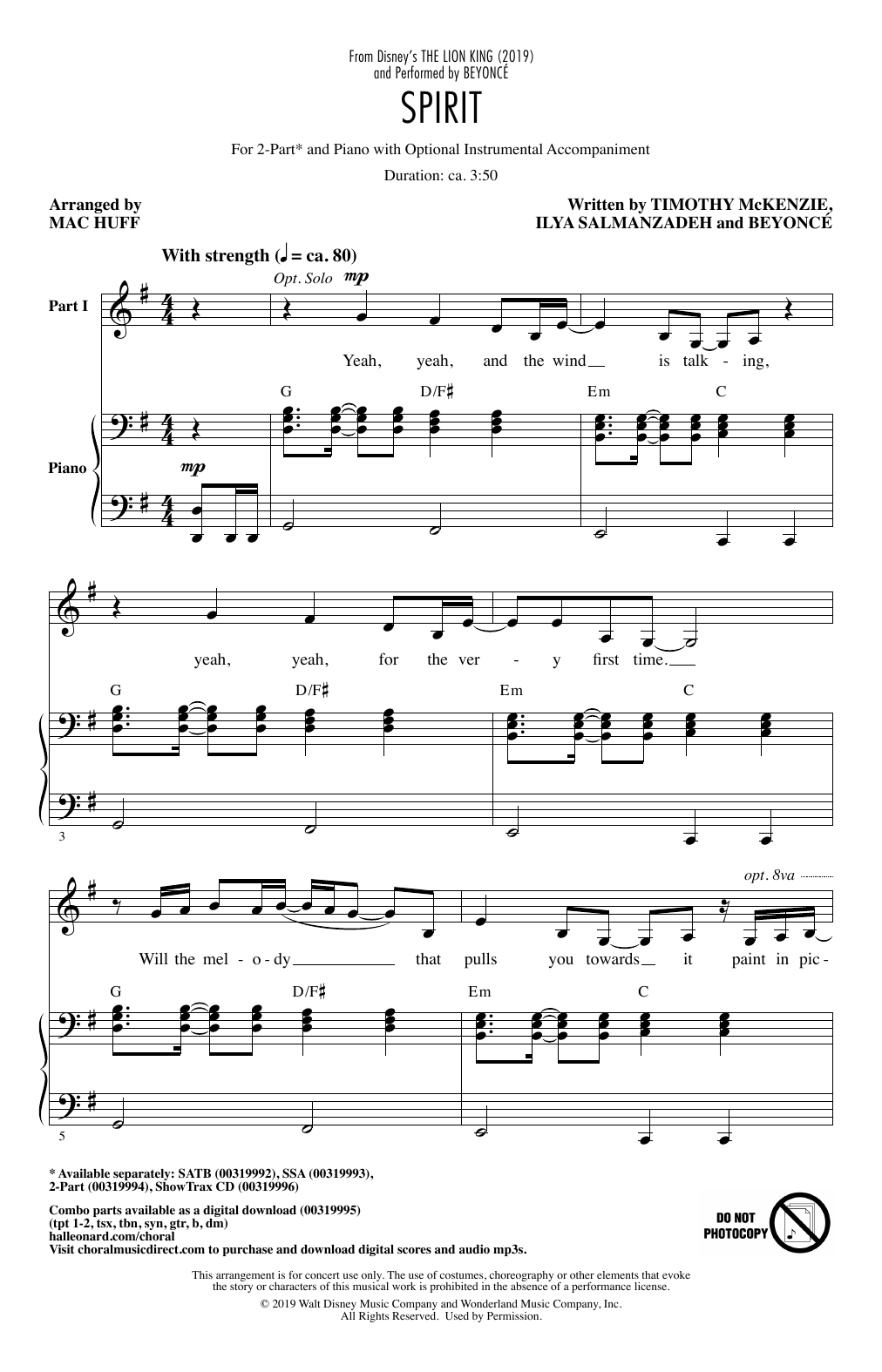 Beyonce Spirit (from The Lion King 2019) (arr. Mac Huff) Sheet Music Notes & Chords for 2-Part Choir - Download or Print PDF