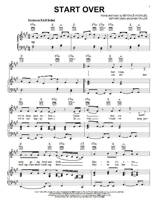 Beyoncé Start Over Sheet Music Notes & Chords for Piano, Vocal & Guitar (Right-Hand Melody) - Download or Print PDF