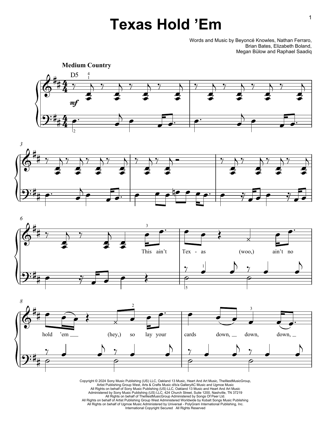 Beyoncé Texas Hold 'Em Sheet Music Notes & Chords for Easy Piano - Download or Print PDF