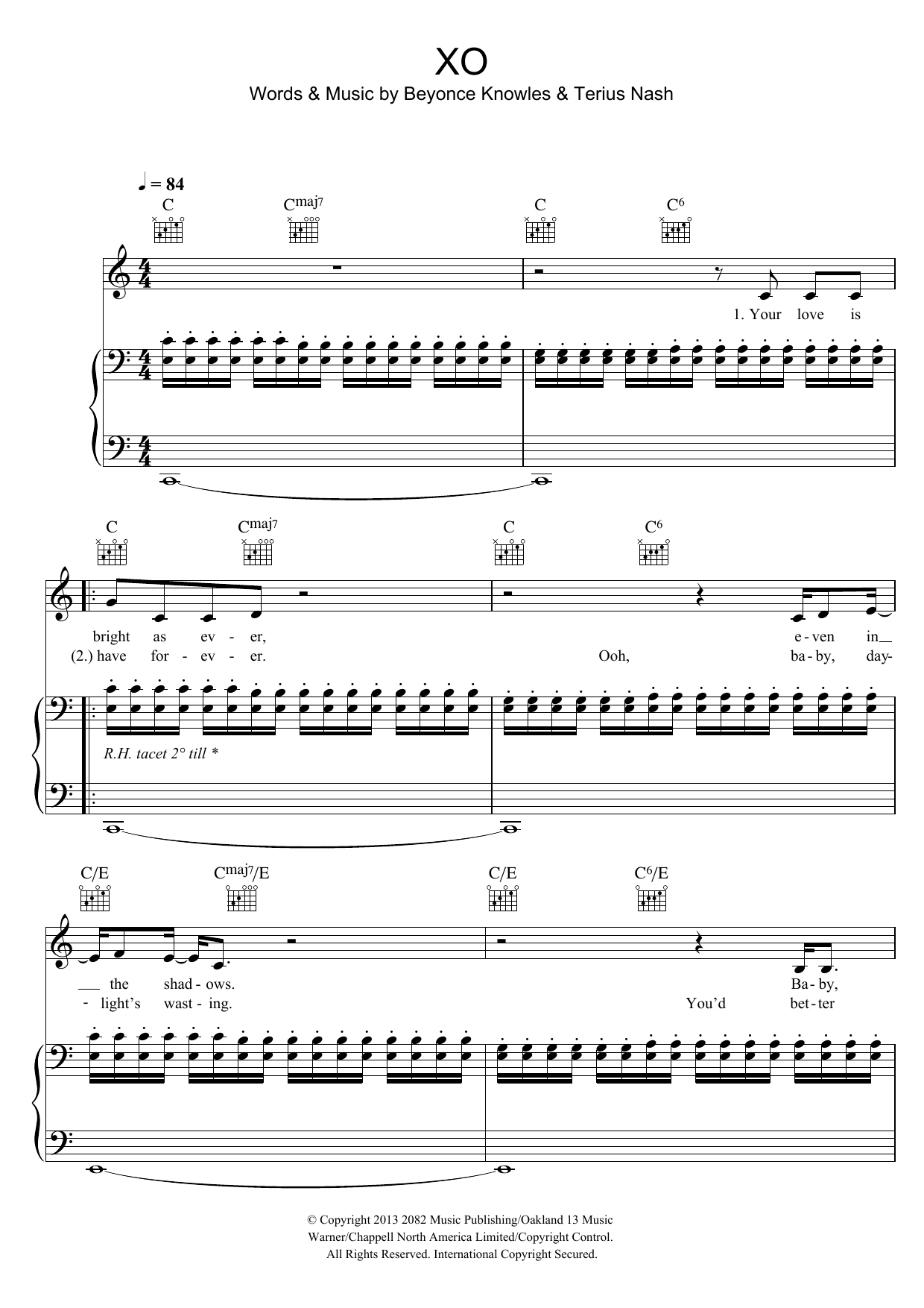 Beyoncé XO Sheet Music Notes & Chords for Piano, Vocal & Guitar (Right-Hand Melody) - Download or Print PDF