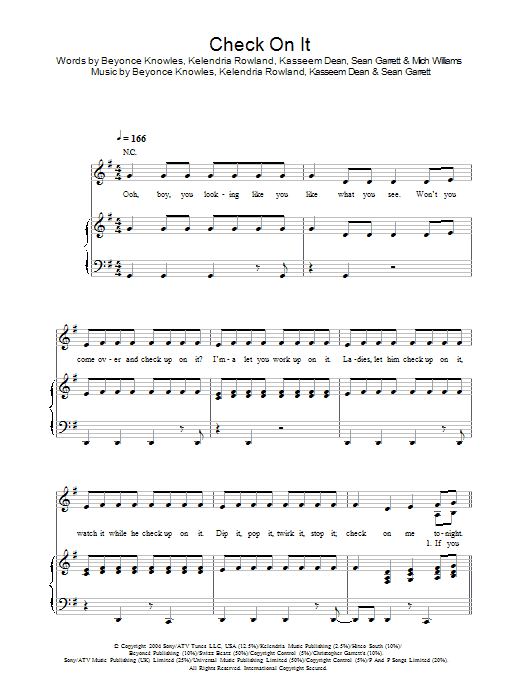 Preview Beyoncé Check On It R & B sheet music, notes and chords for Piano, Vocal & Guitar (Right-Hand Melody), SKU: 34071 Check On It sheet music
