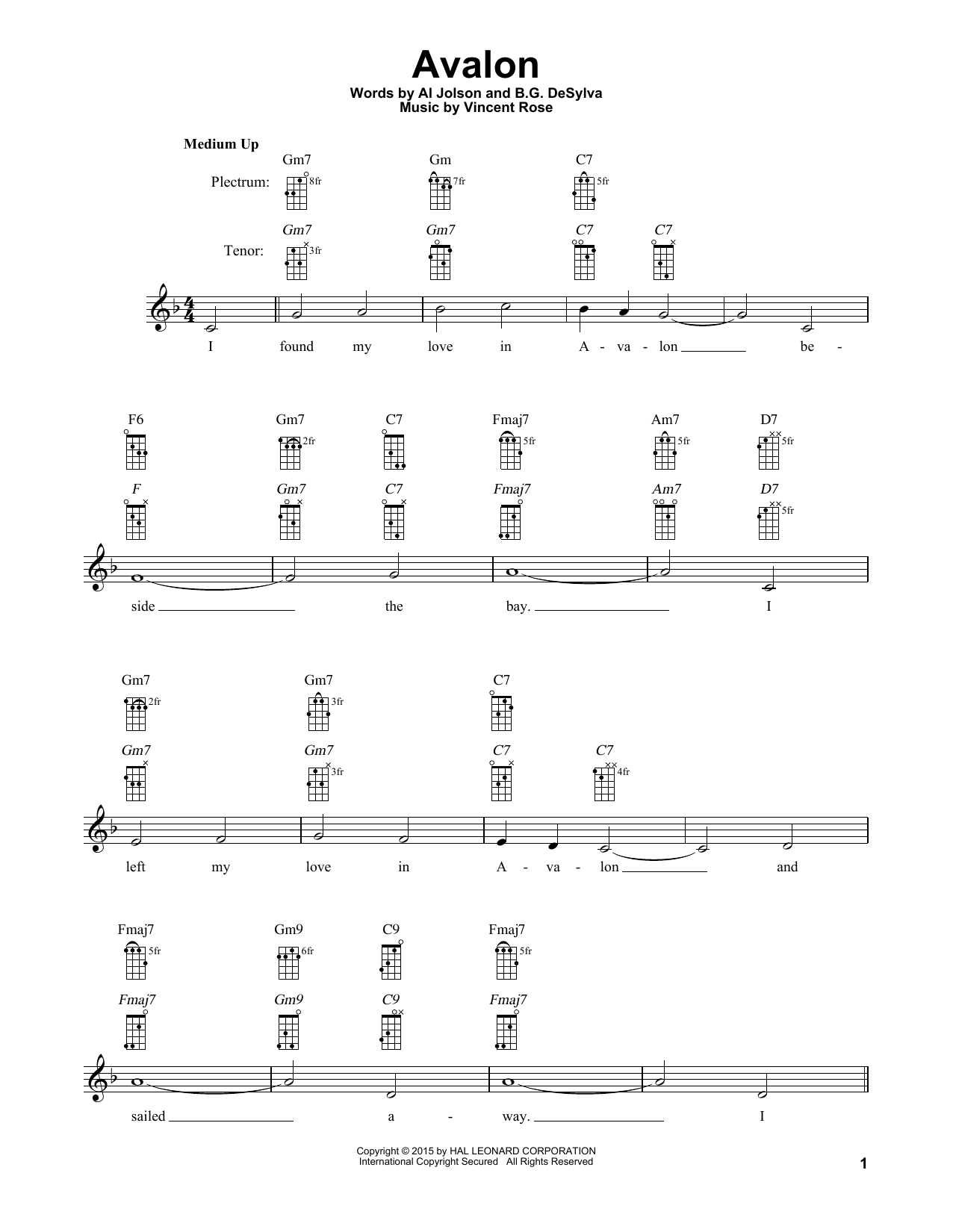 Al Jolson Avalon Sheet Music Notes & Chords for Banjo - Download or Print PDF