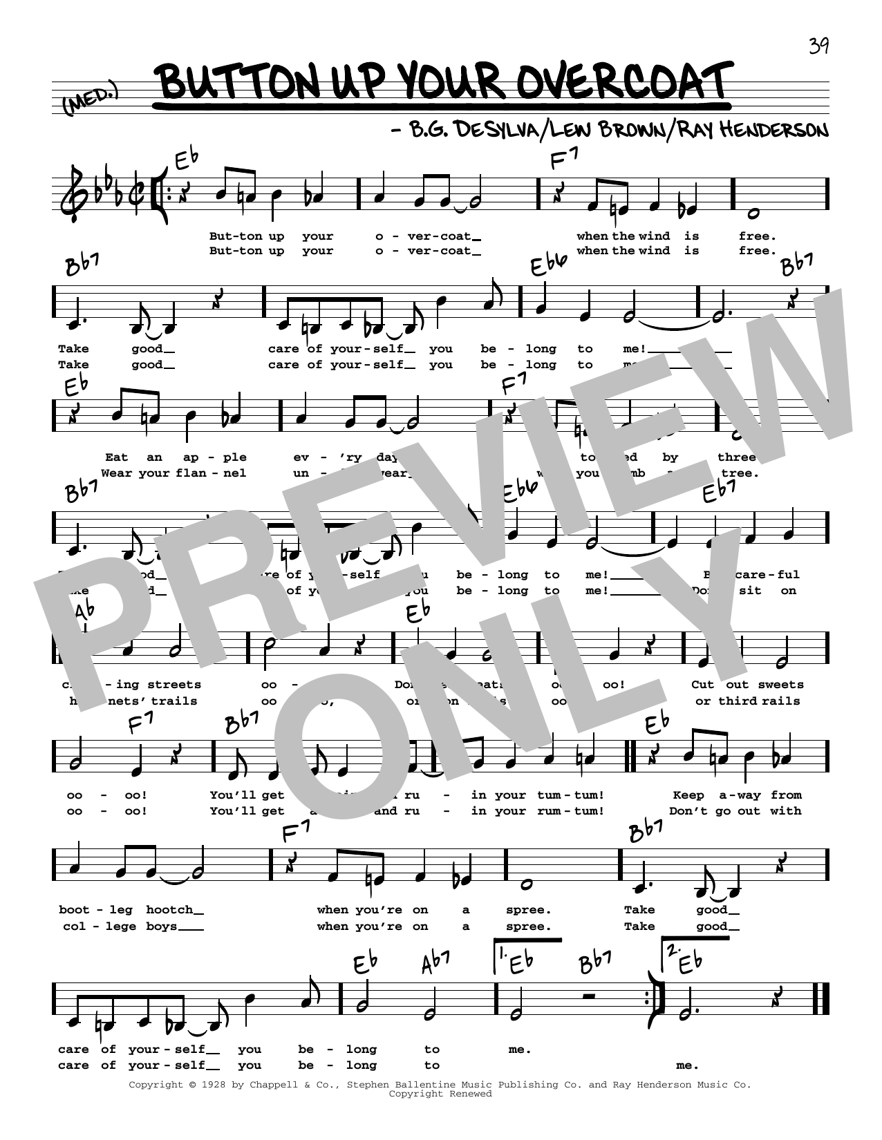 B.G. DeSylva Button Up Your Overcoat (Low Voice) Sheet Music Notes & Chords for Real Book – Melody, Lyrics & Chords - Download or Print PDF