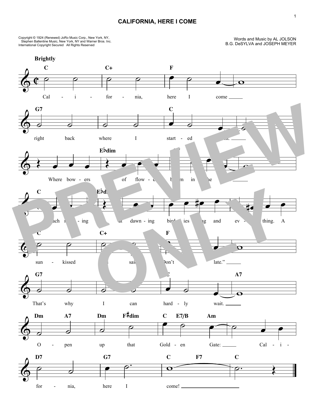 Buddy DeSylva California, Here I Come Sheet Music Notes & Chords for Melody Line, Lyrics & Chords - Download or Print PDF