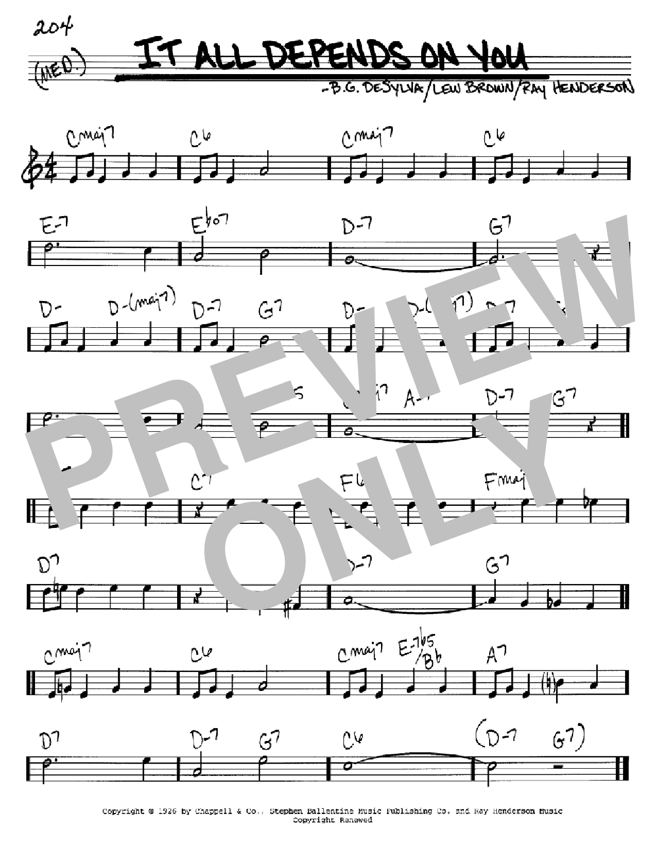 B.G. DeSylva It All Depends On You Sheet Music Notes & Chords for Real Book – Melody & Chords - Download or Print PDF
