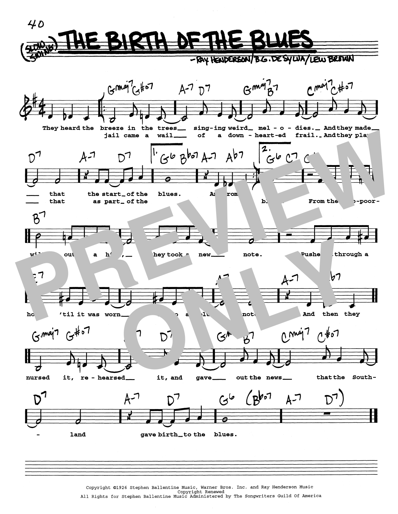 B.G. DeSylva The Birth Of The Blues (Low Voice) Sheet Music Notes & Chords for Real Book – Melody, Lyrics & Chords - Download or Print PDF