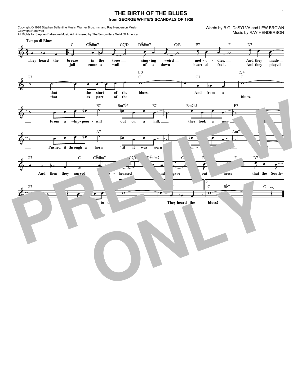 Lew Brown The Birth Of The Blues Sheet Music Notes & Chords for Melody Line, Lyrics & Chords - Download or Print PDF