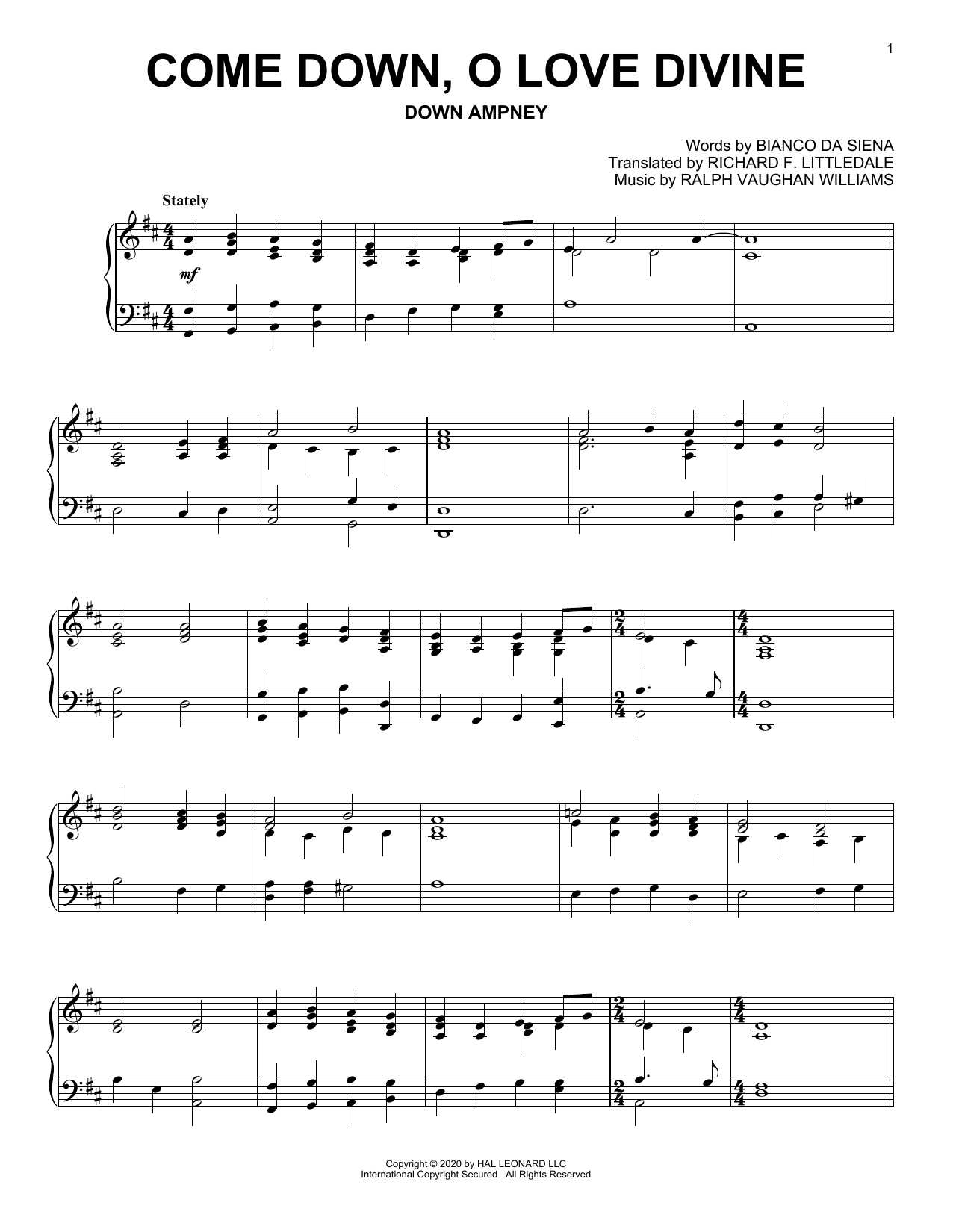 Bianco da Siena and Ralph Vaughan Williams Come Down, O Love Divine Sheet Music Notes & Chords for Piano Solo - Download or Print PDF