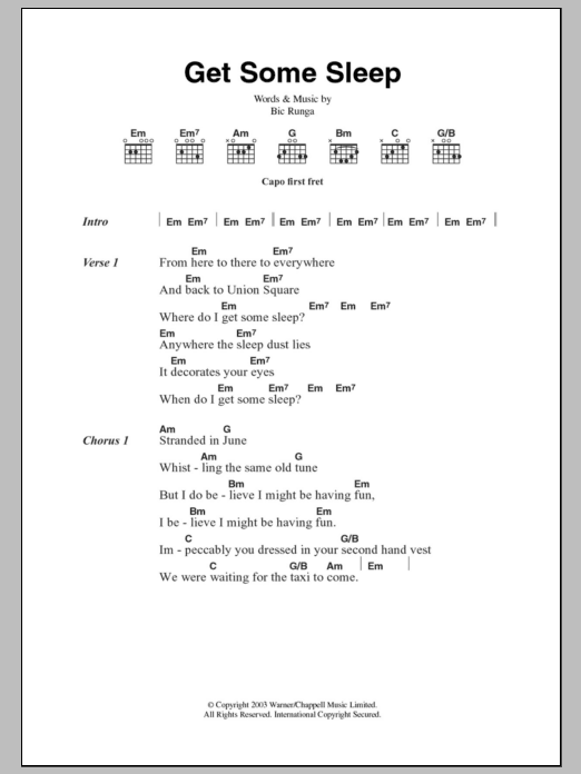 Bic Runga Get Some Sleep Sheet Music Notes & Chords for Lyrics & Chords - Download or Print PDF