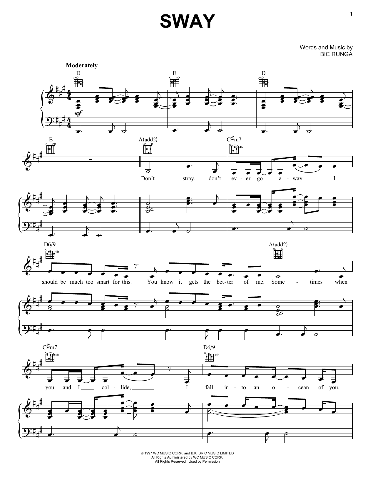 Bic Runga Sway Sheet Music Notes & Chords for Piano, Vocal & Guitar (Right-Hand Melody) - Download or Print PDF