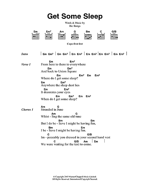 Bic Runga Get Some Sleep Sheet Music Notes & Chords for Lyrics & Chords - Download or Print PDF