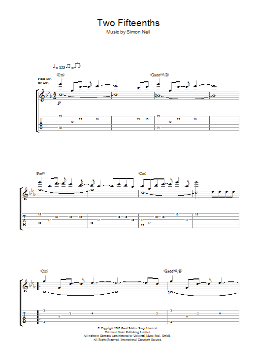 Biffy Clyro 2/15ths (Two Fifteenths) Sheet Music Notes & Chords for Guitar Tab - Download or Print PDF