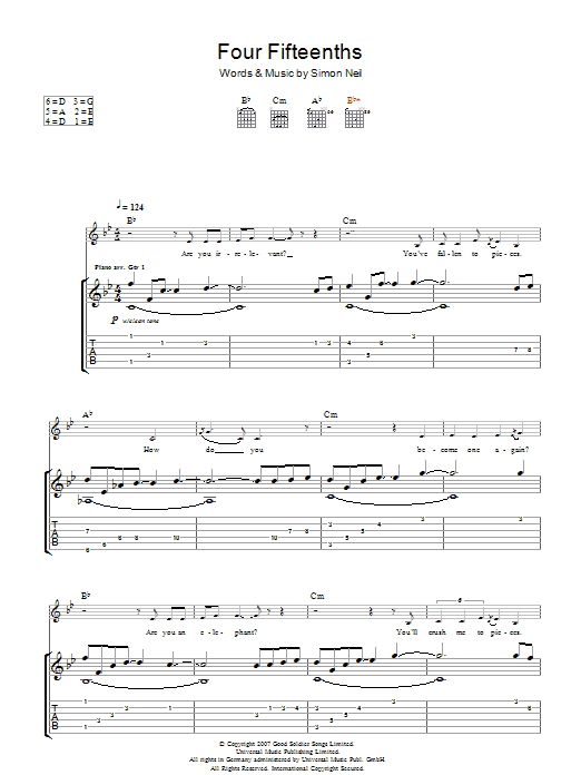 Biffy Clyro 4/15ths (Four Fifteenths) Sheet Music Notes & Chords for Guitar Tab - Download or Print PDF