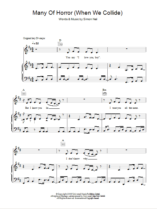 Biffy Clyro Many Of Horror (When We Collide) Sheet Music Notes & Chords for Piano, Vocal & Guitar (Right-Hand Melody) - Download or Print PDF