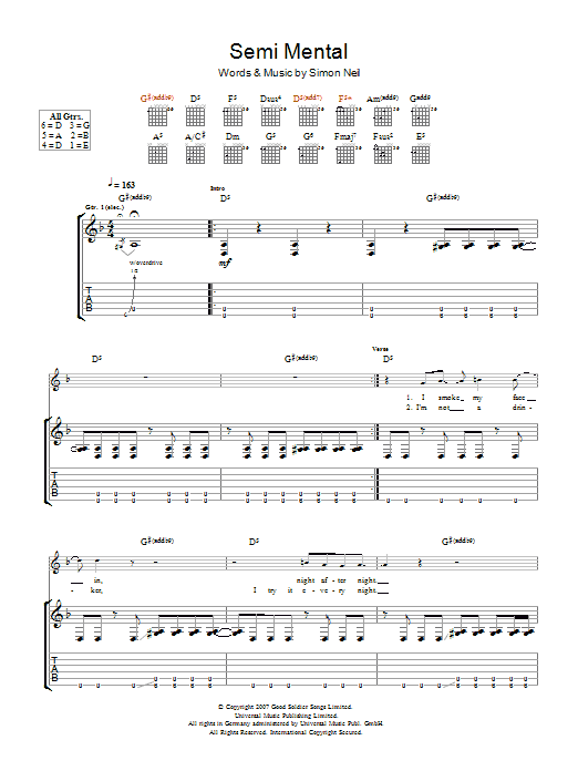 Biffy Clyro Semi-Mental Sheet Music Notes & Chords for Guitar Tab - Download or Print PDF