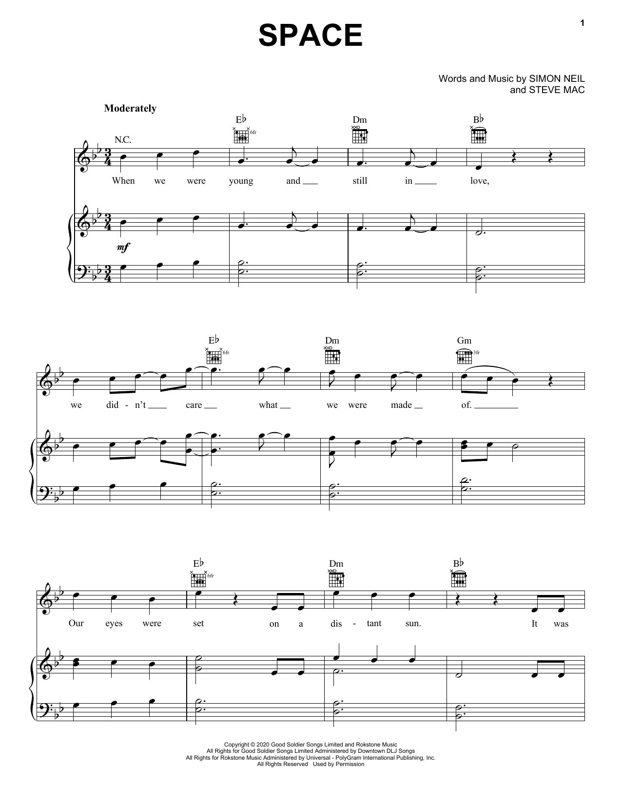 Biffy Clyro Space Sheet Music Notes & Chords for Piano, Vocal & Guitar (Right-Hand Melody) - Download or Print PDF