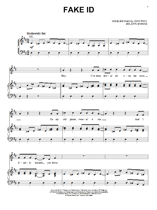 Big & Rich Fake I.D. Sheet Music Notes & Chords for Piano, Vocal & Guitar (Right-Hand Melody) - Download or Print PDF