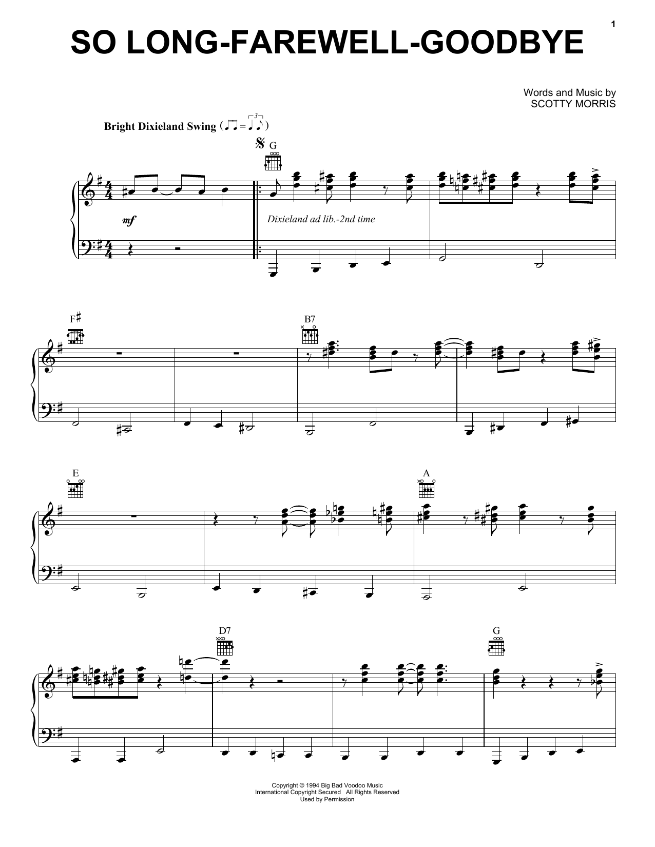 Big Bad Voodoo Daddy So Long-Farewell-Goodbye Sheet Music Notes & Chords for Piano, Vocal & Guitar (Right-Hand Melody) - Download or Print PDF