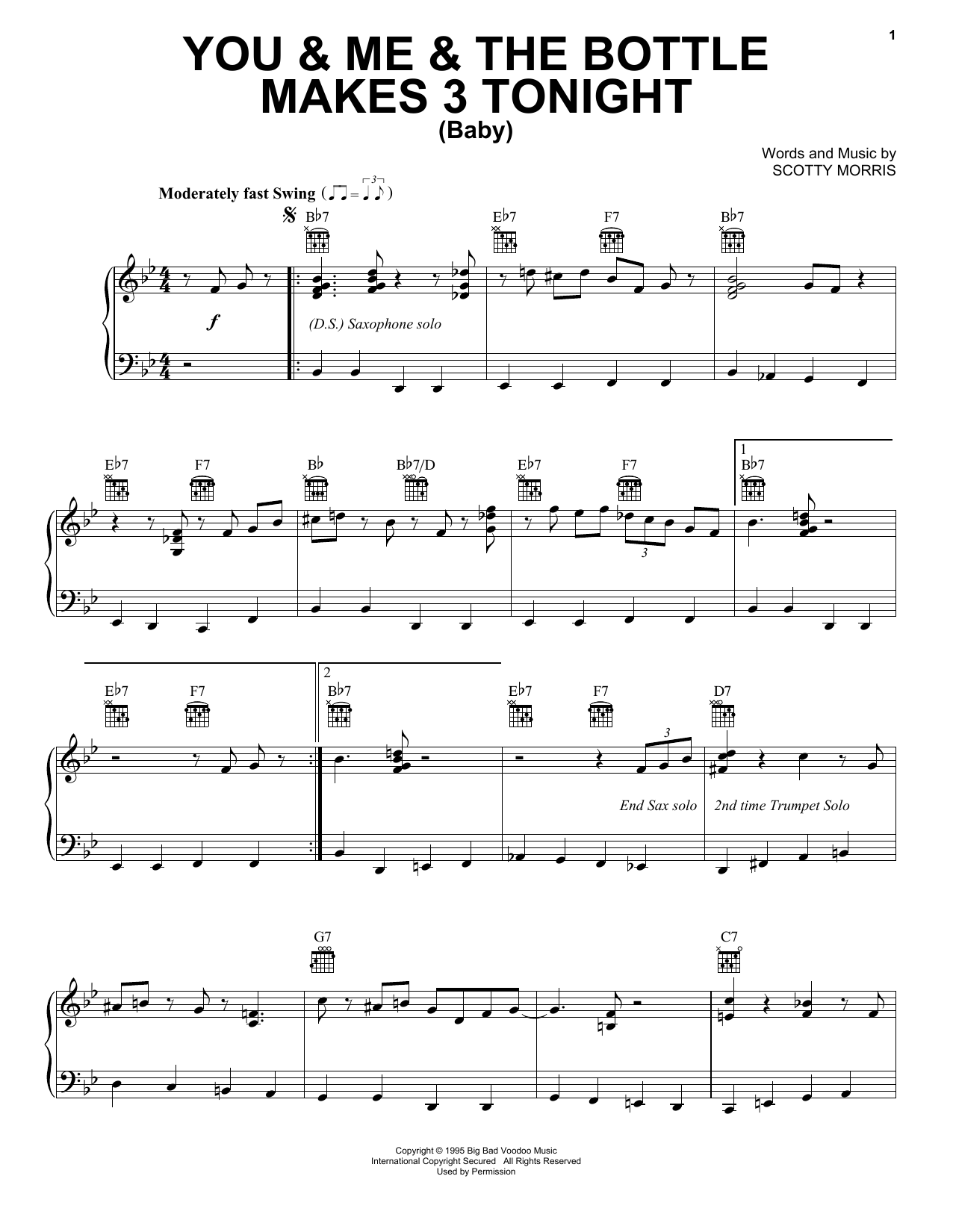 Big Bad Voodoo Daddy You & Me & The Bottle Makes 3 Tonight (Baby) Sheet Music Notes & Chords for Piano, Vocal & Guitar (Right-Hand Melody) - Download or Print PDF