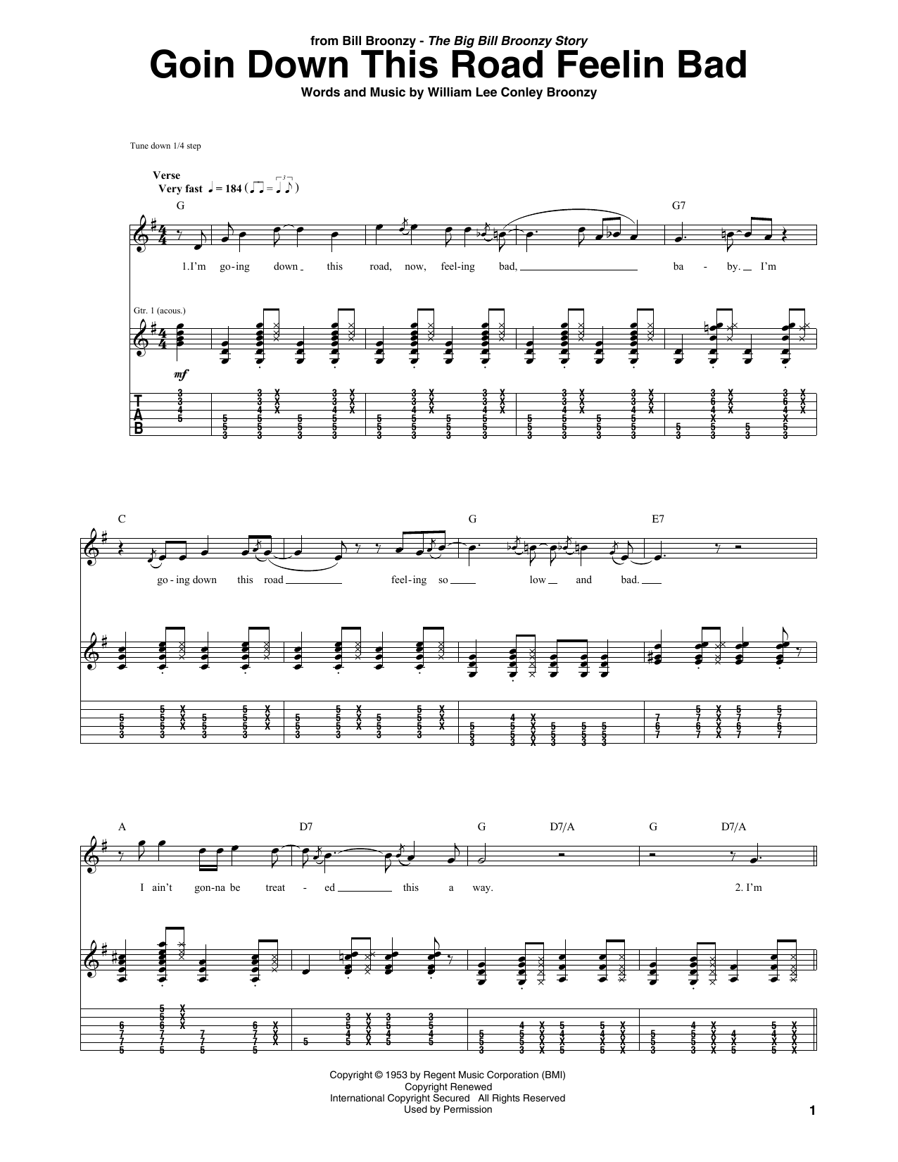 Big Bill Broonzy Goin Down This Road Feelin Bad Sheet Music Notes & Chords for Guitar Tab - Download or Print PDF