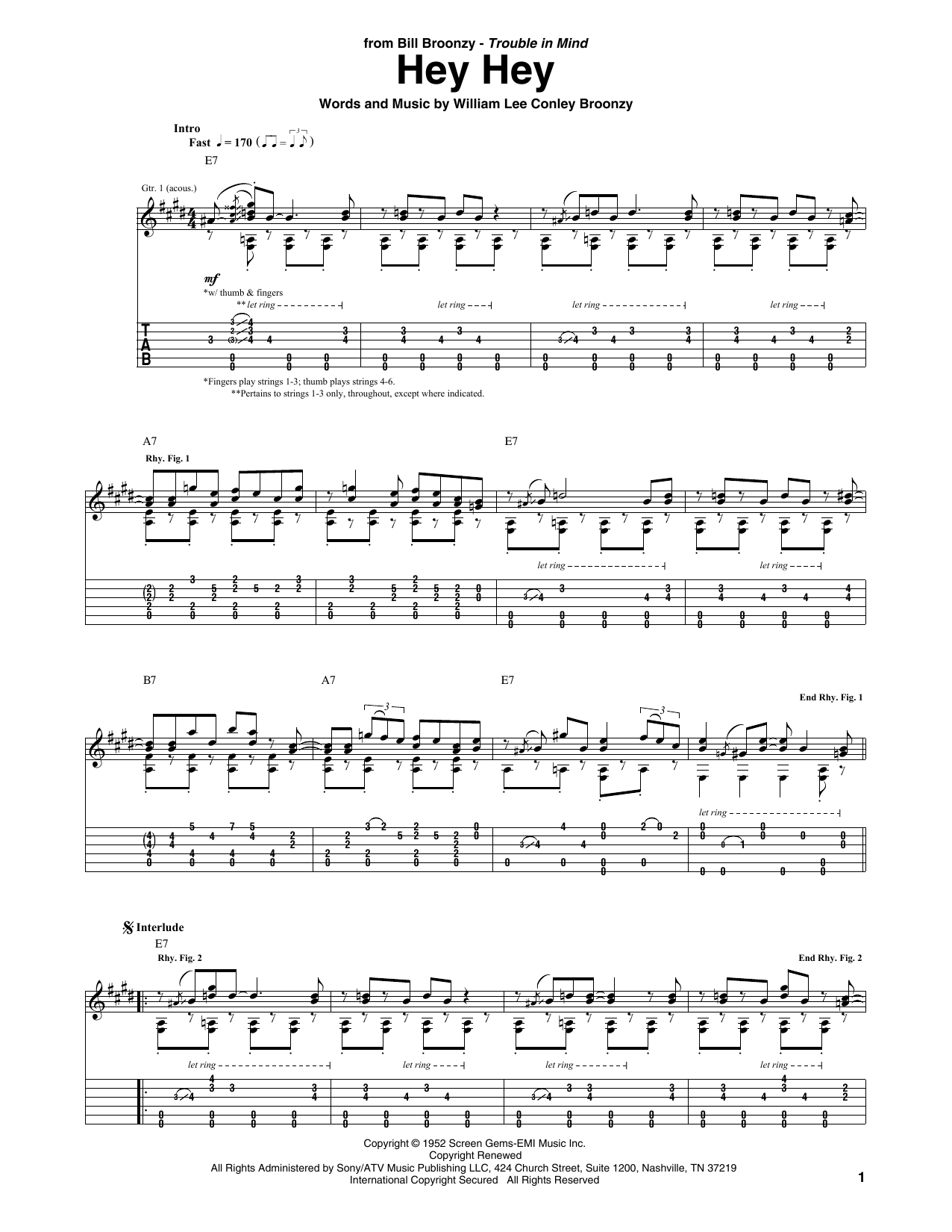 Big Bill Broonzy Hey Hey Sheet Music Notes & Chords for Guitar Tab - Download or Print PDF