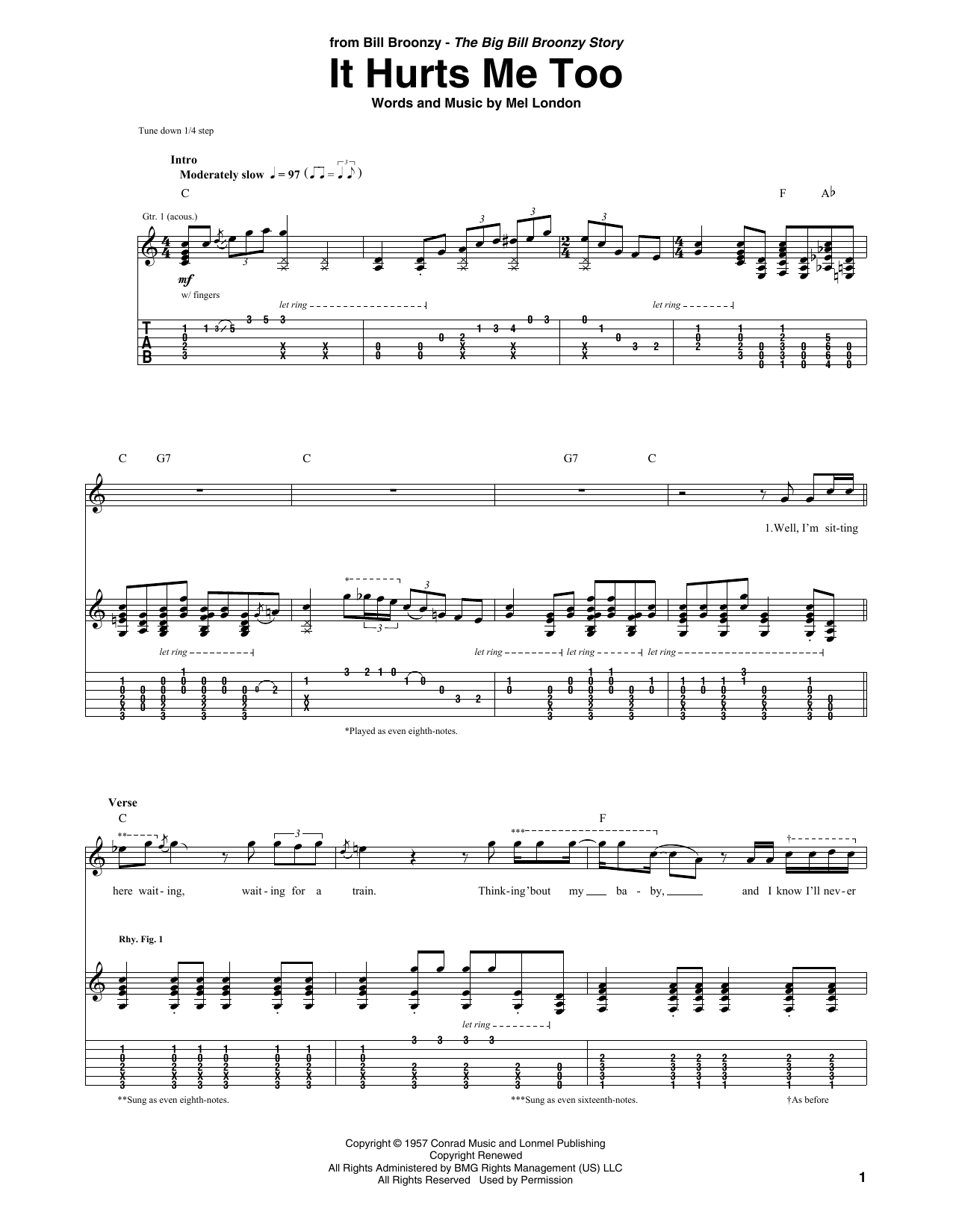 Big Bill Broonzy It Hurts Me Too Sheet Music Notes & Chords for Guitar Tab - Download or Print PDF