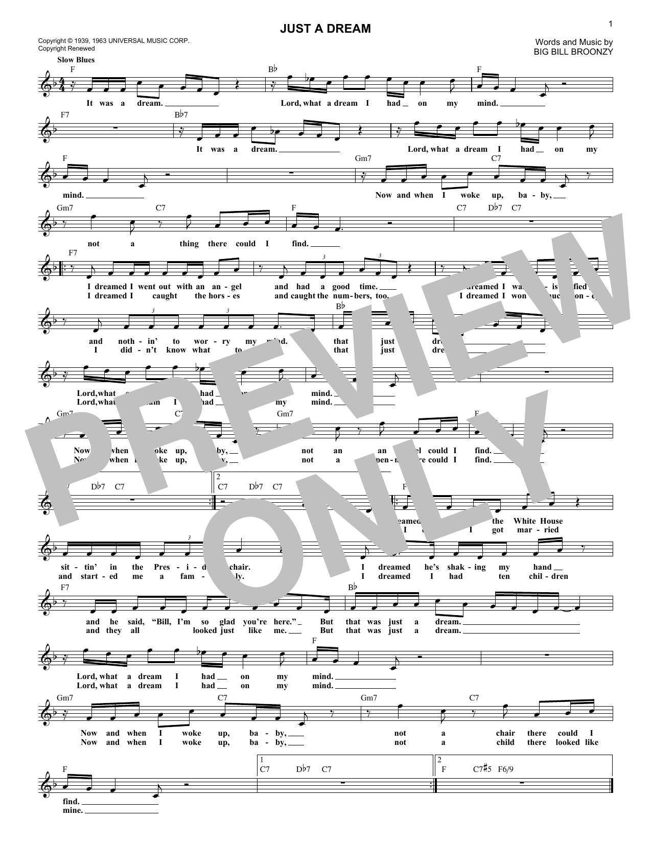 Big Bill Broonzy Just A Dream Sheet Music Notes & Chords for Melody Line, Lyrics & Chords - Download or Print PDF