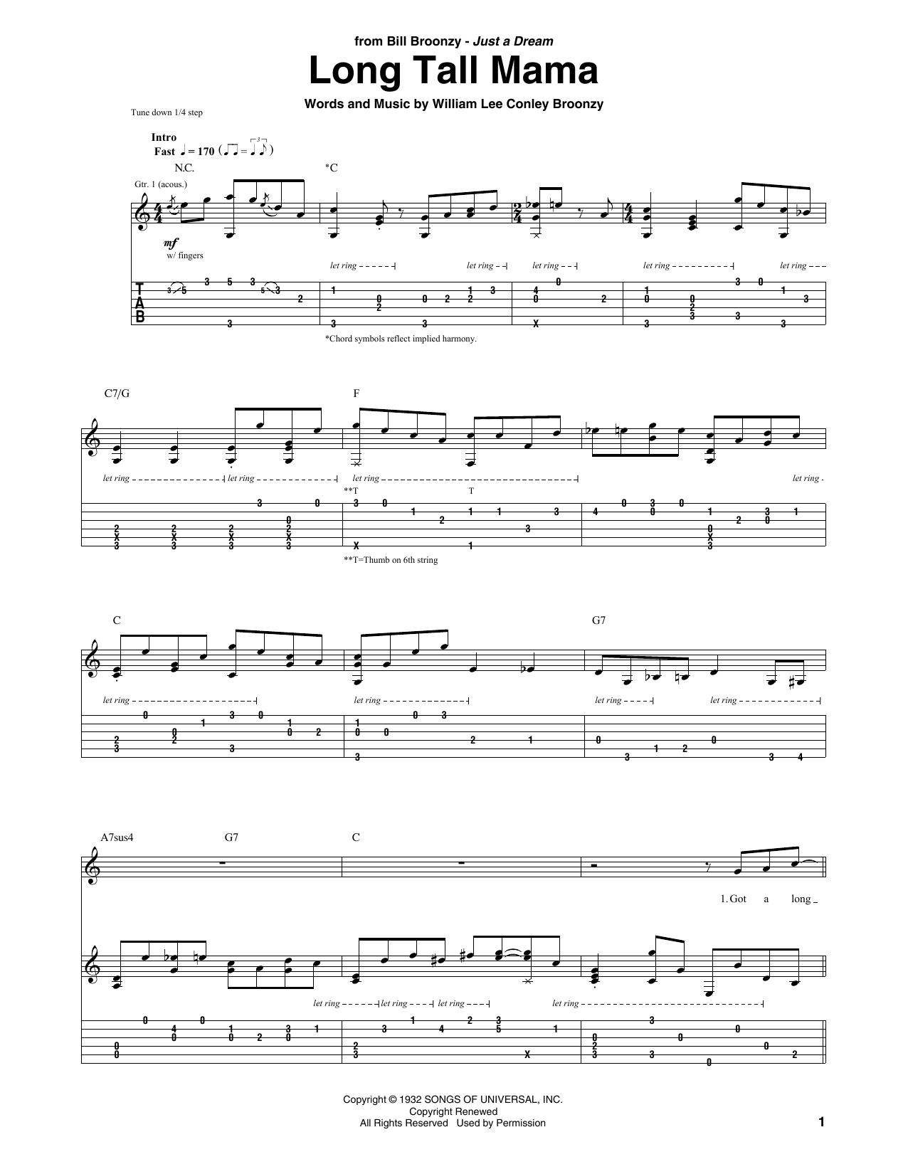 Big Bill Broonzy Long Tall Mama Sheet Music Notes & Chords for Guitar Tab - Download or Print PDF