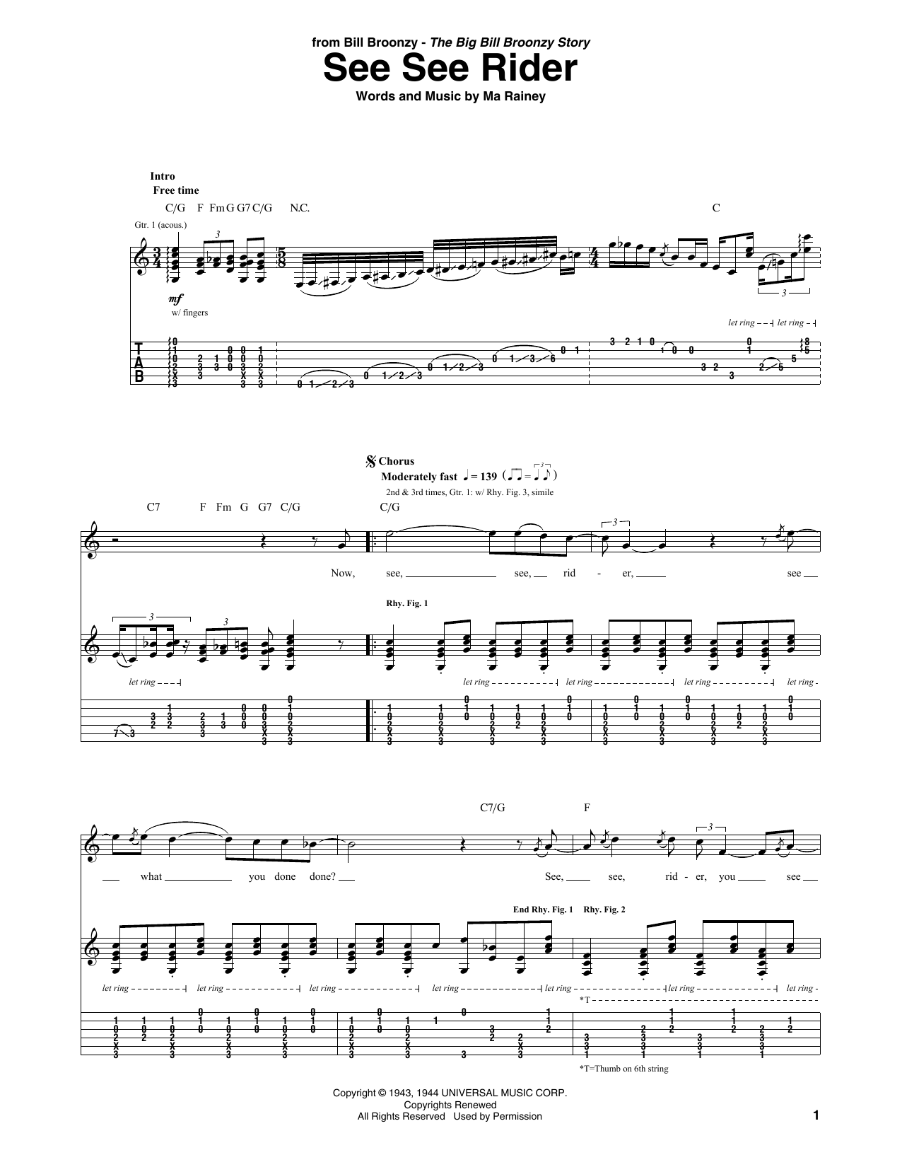 Big Bill Broonzy See See Rider Sheet Music Notes & Chords for Guitar Tab - Download or Print PDF