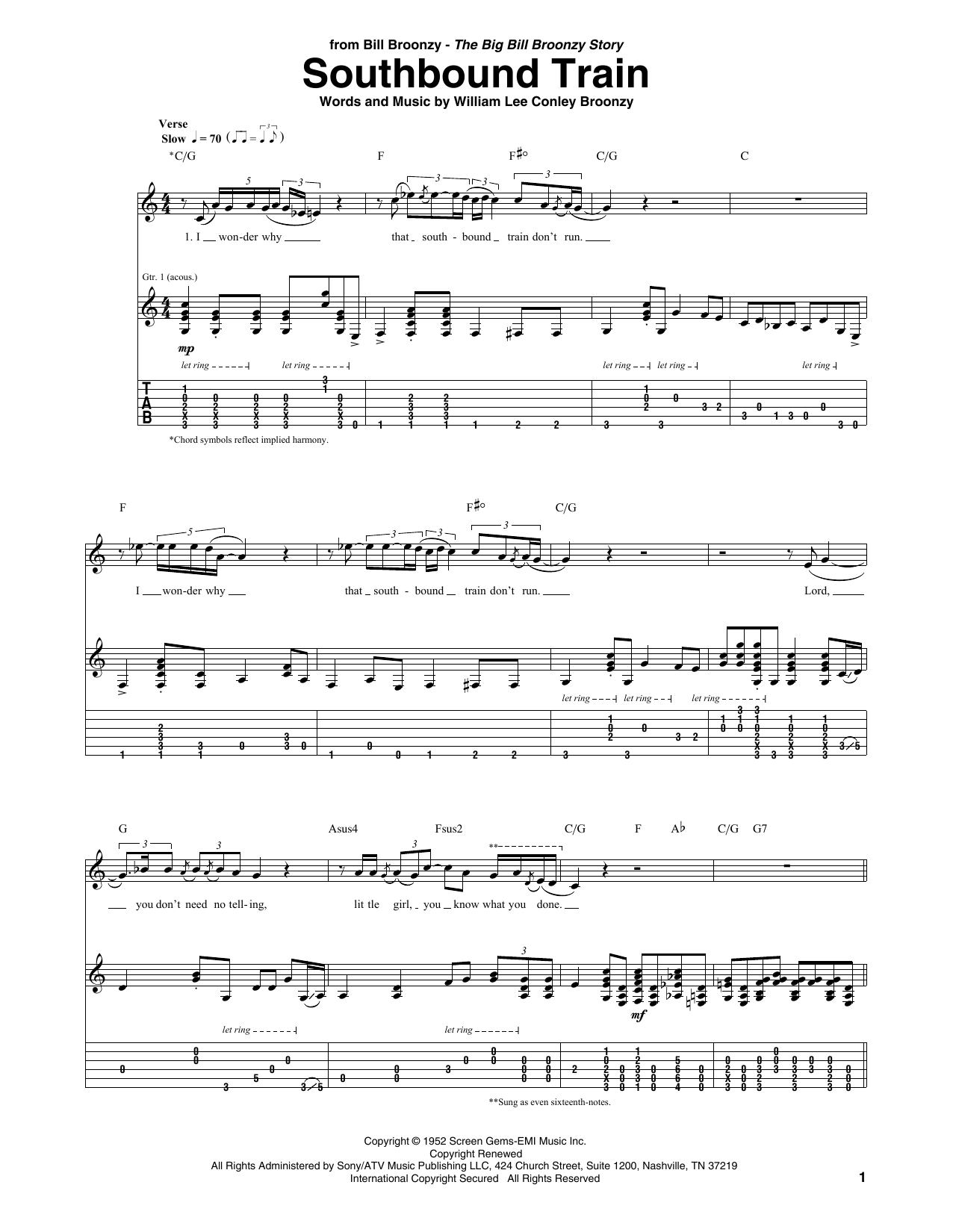 Big Bill Broonzy Southbound Train Sheet Music Notes & Chords for Guitar Tab - Download or Print PDF