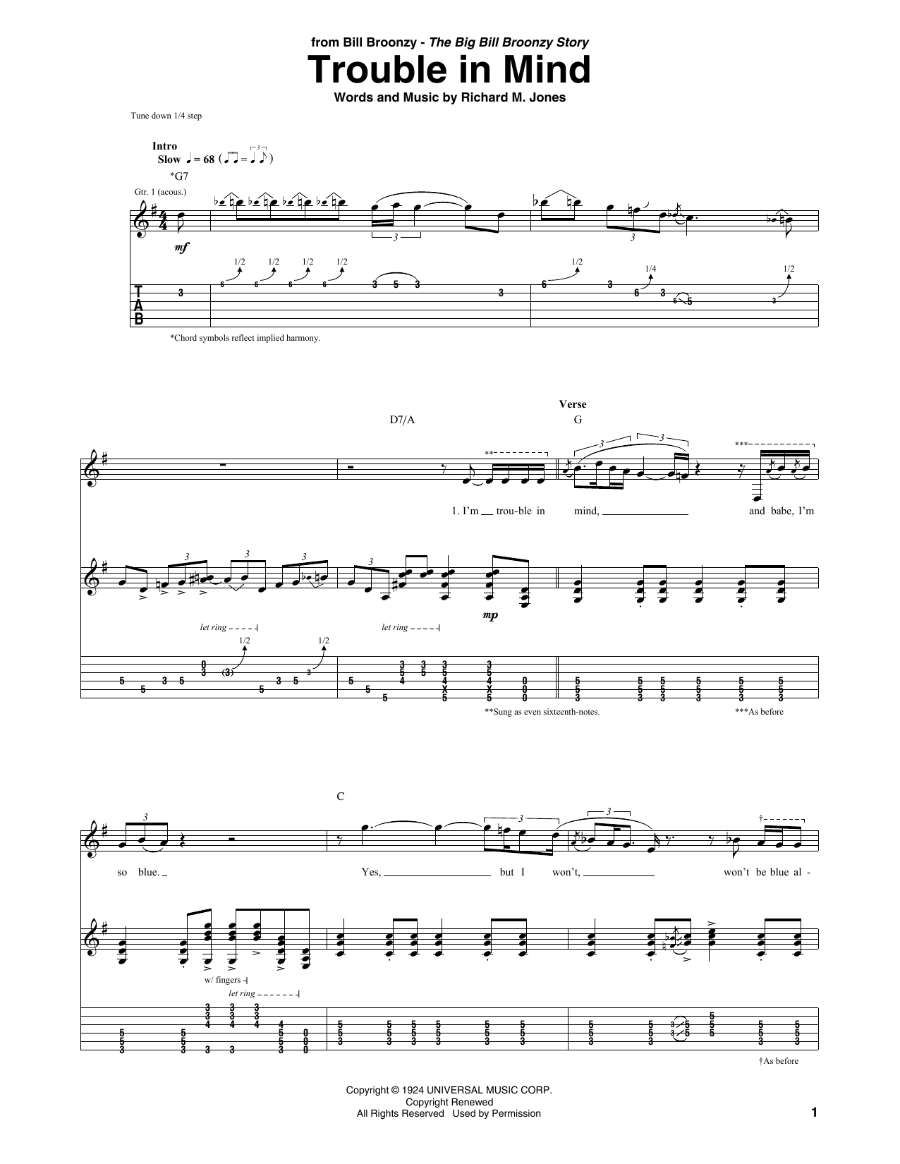 Big Bill Broonzy Trouble In Mind Sheet Music Notes & Chords for Guitar Tab - Download or Print PDF
