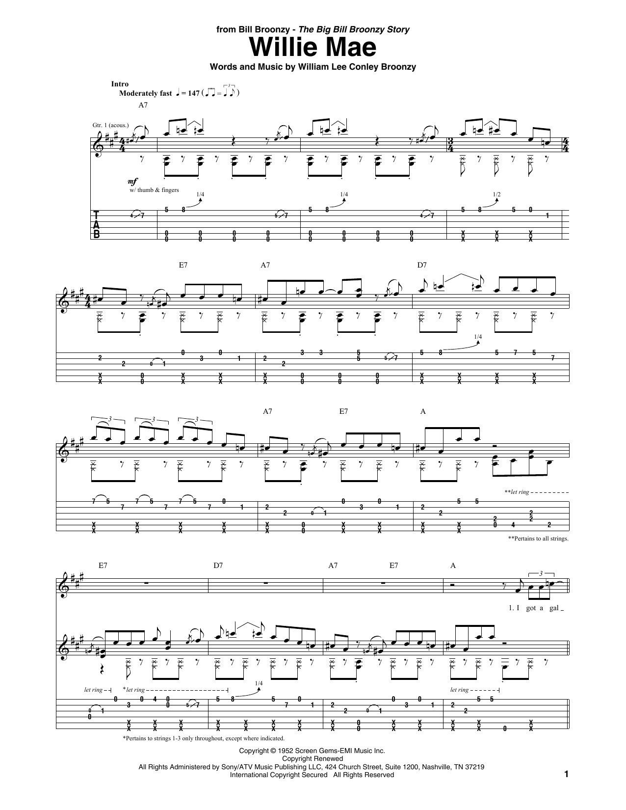 Big Bill Broonzy Willie Mae Sheet Music Notes & Chords for Guitar Tab - Download or Print PDF