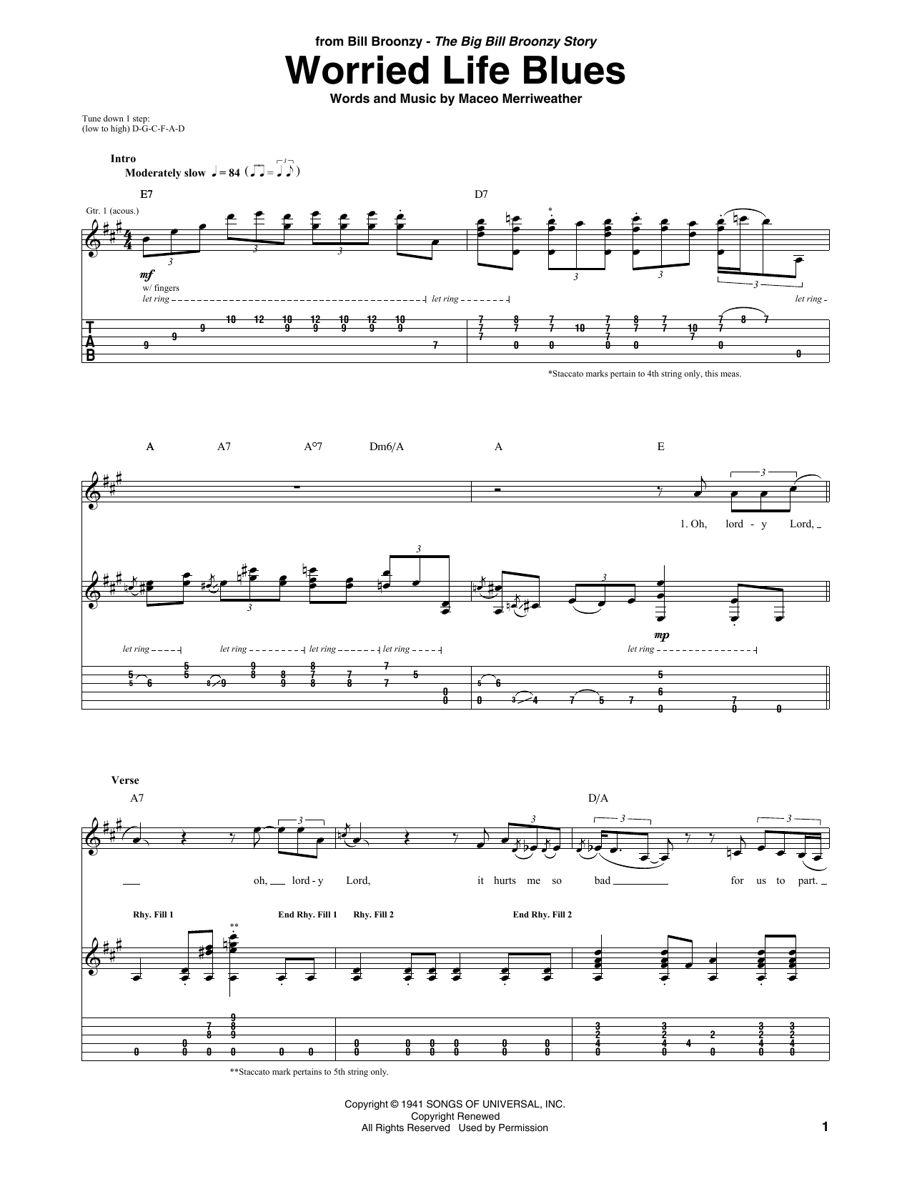 Big Bill Broonzy Worried Life Blues Sheet Music Notes & Chords for Guitar Tab - Download or Print PDF