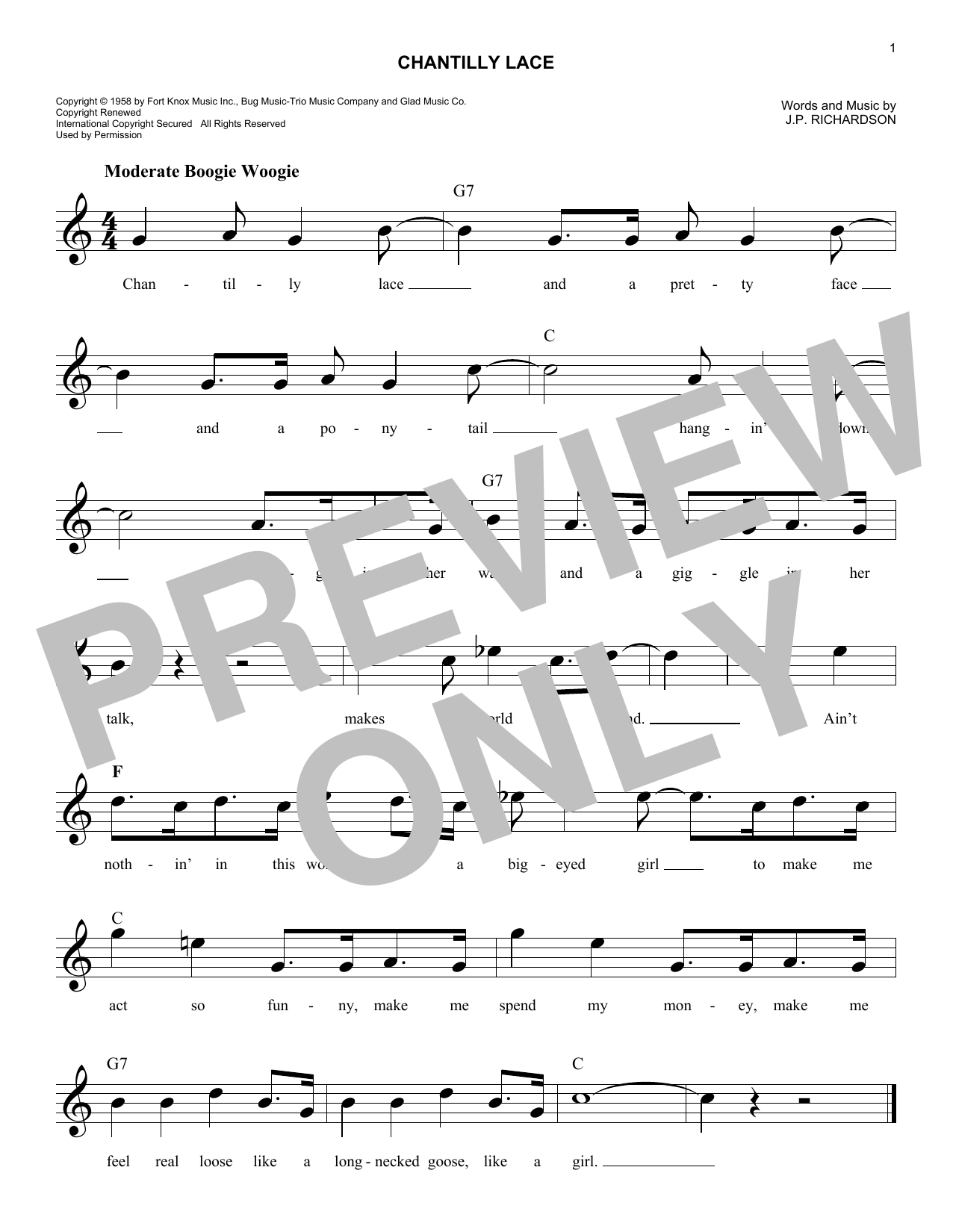 Big Bopper Chantilly Lace Sheet Music Notes & Chords for Melody Line, Lyrics & Chords - Download or Print PDF