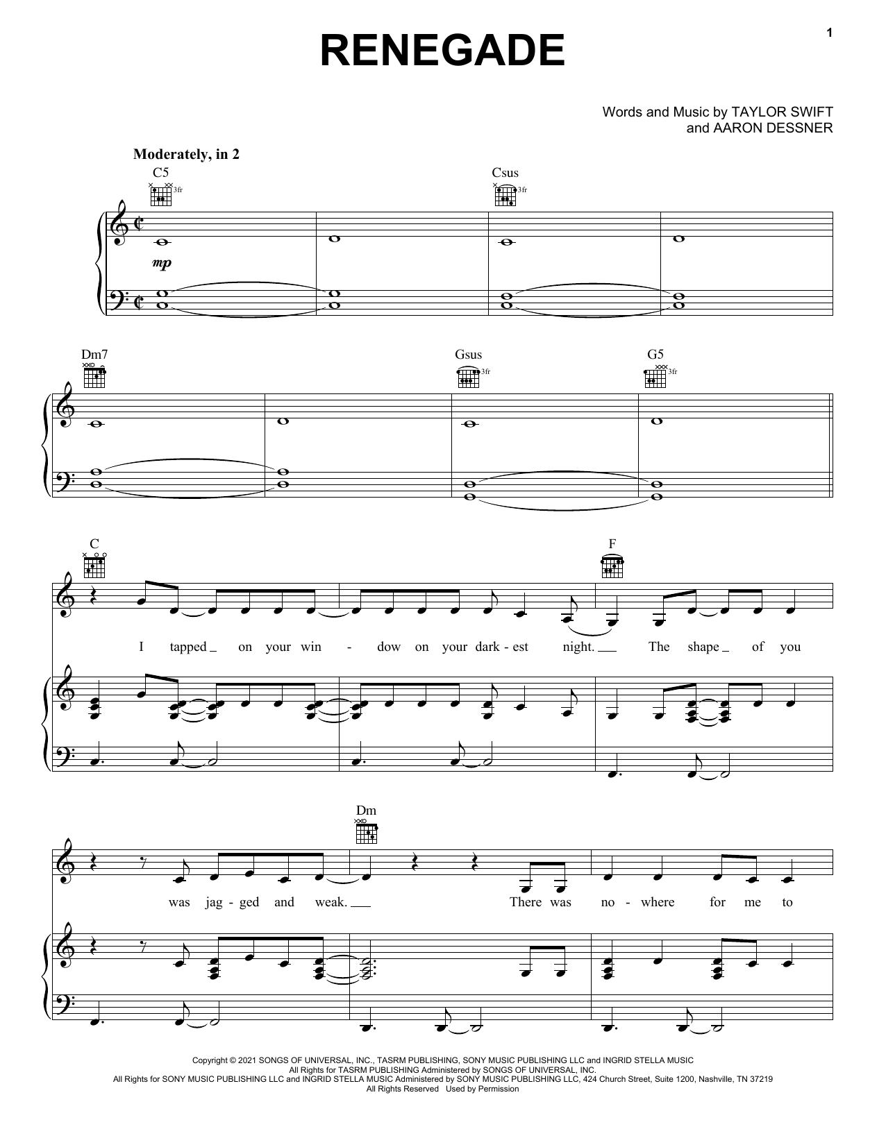 Big Red Machine Renegade (feat. Taylor Swift) Sheet Music Notes & Chords for Easy Guitar Tab - Download or Print PDF