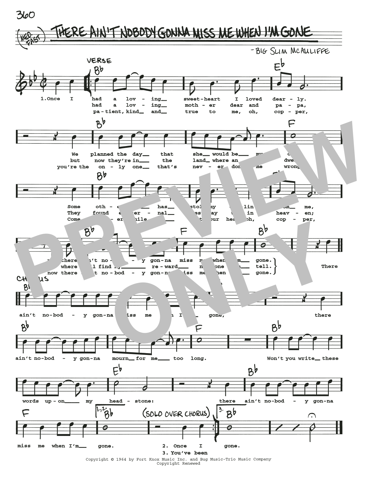 Big Slim McAuliffe There Ain't Nobody Gonna Miss Me When I'm Gone Sheet Music Notes & Chords for Real Book – Melody, Lyrics & Chords - Download or Print PDF