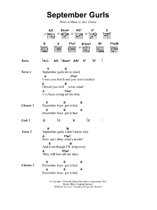 Big Star September Gurls Sheet Music Notes & Chords for Lyrics & Chords - Download or Print PDF